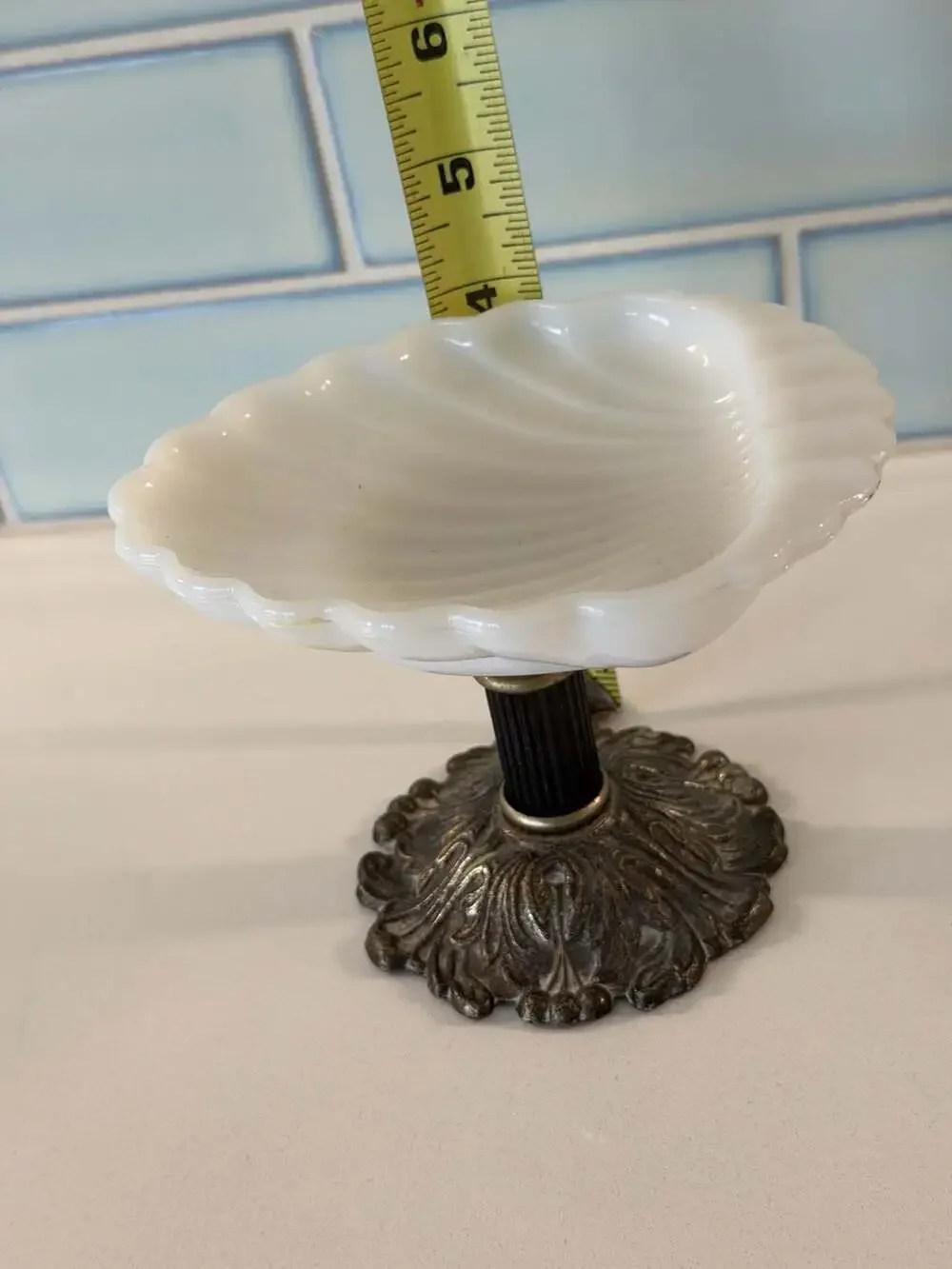 Vintage Milk Glass Seashell Trinket or Soap Dish on Ornate Metal Pedestal Base